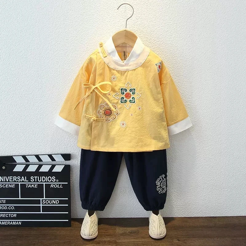 Boys' Hanbok Spring and Fall 2022 New Children's Chinese Tang Suit Retro Print Long-sleeved Suit