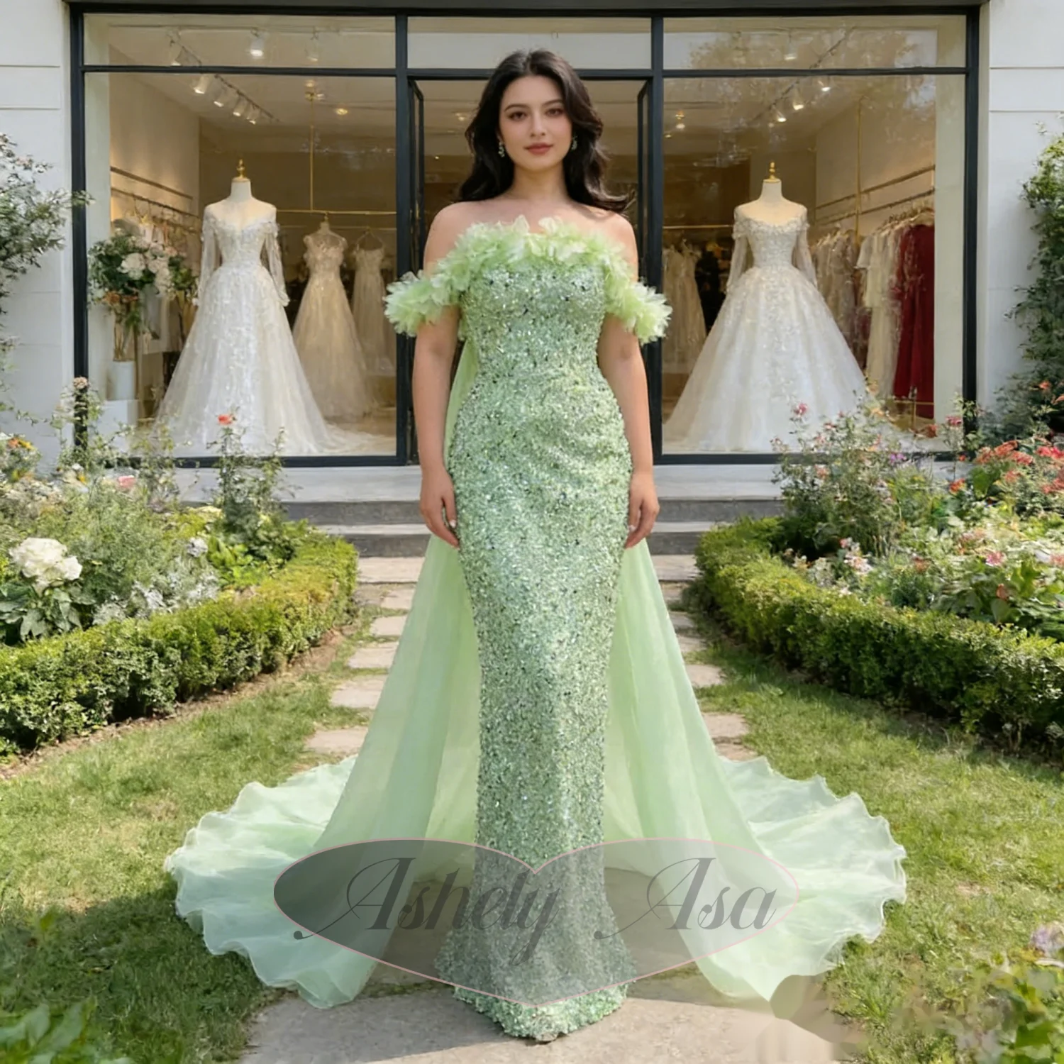 

Customized Lime Green Women Evening Dresses With Cape 2025 Off Shoulder Sequined Mermaid Long Prom Formal Occasion Wear Party