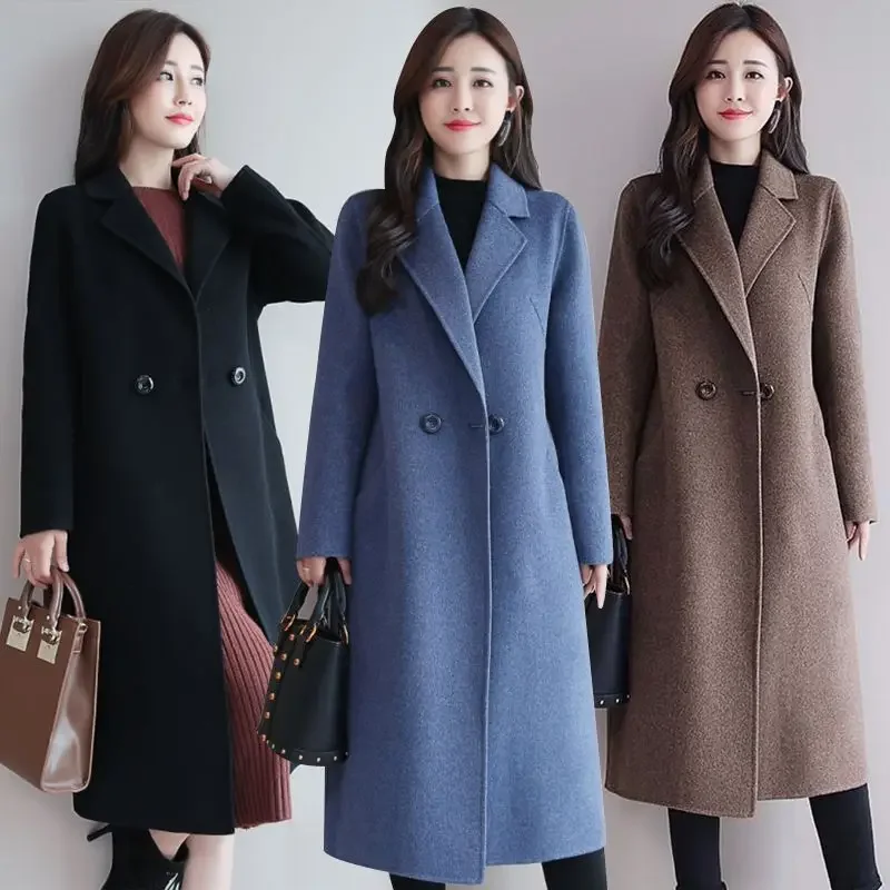 2024 Elegant Slim Long Tweed Jacket Lace-up Women's Woollen Coats and Blends Autumn Winter New in Outerwears V-Neck Jacket