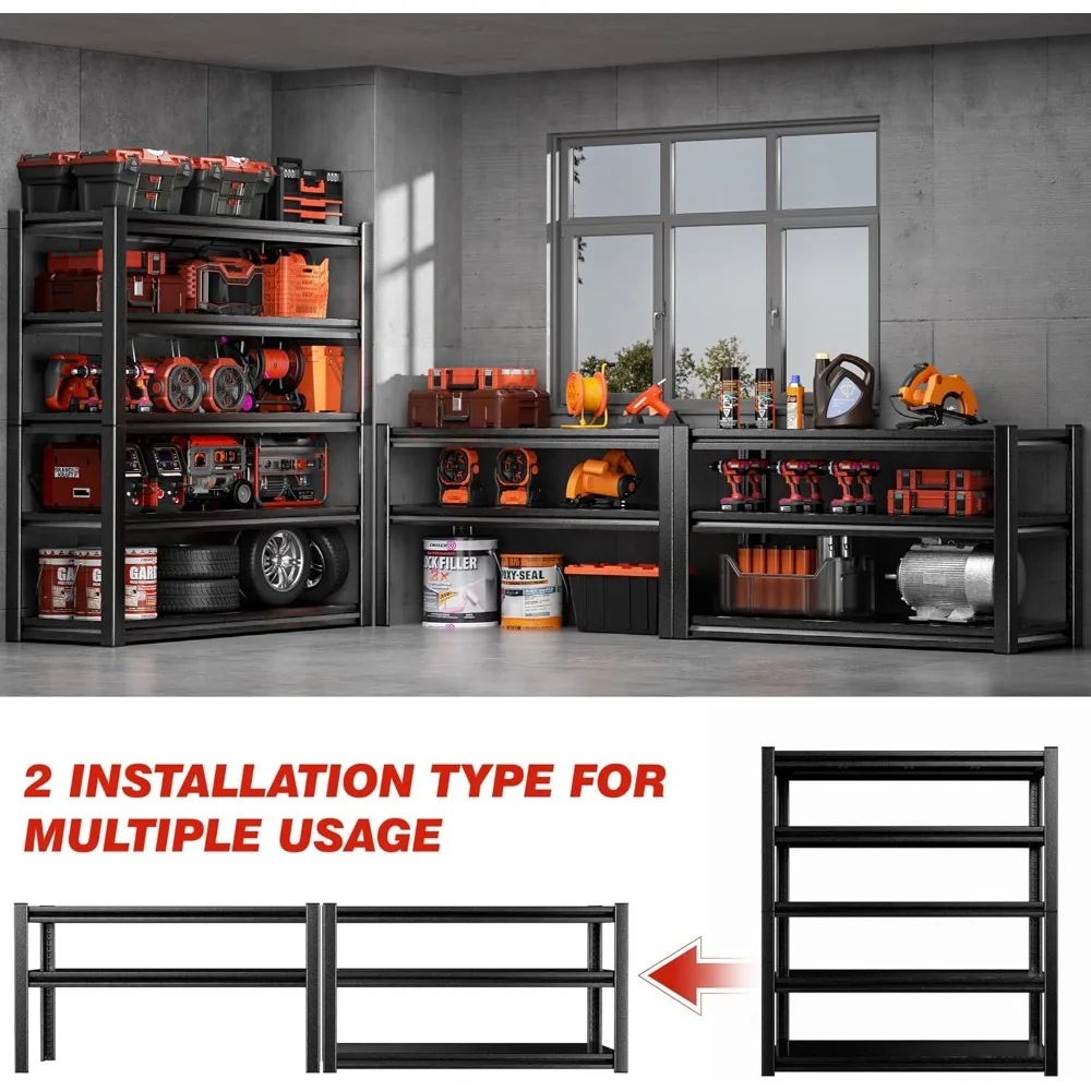 2-pack 72" H X 36" B X 16" D garageplanken, 5-laags industriële opbergplanken, 2500 lbs zware rekken met verstelbaar