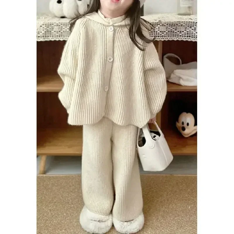 Girl Two Piece Set Autumn 2024 Winter New Solid Hooded Knitting Cardigan Sweater Wide Leg Pants Casual Simple Fashion Sweet