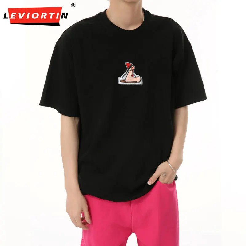 

Men's Korean fashion trend cartoon fun embroidery design solid color round neck versatile loose casual short sleeved T-shirt