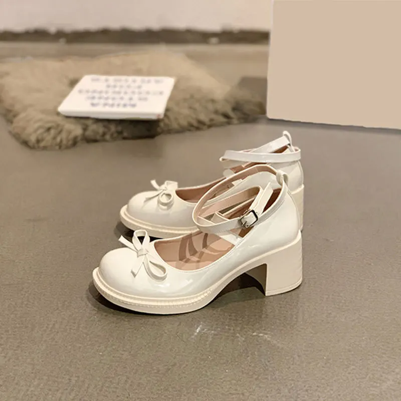 New Women Pumps Mary Jane Lolita Bow-knot Ladies Chunky Heel Sandals Female Cross-tied Ankle Buckle Round Toe Solid Sweet Shoes