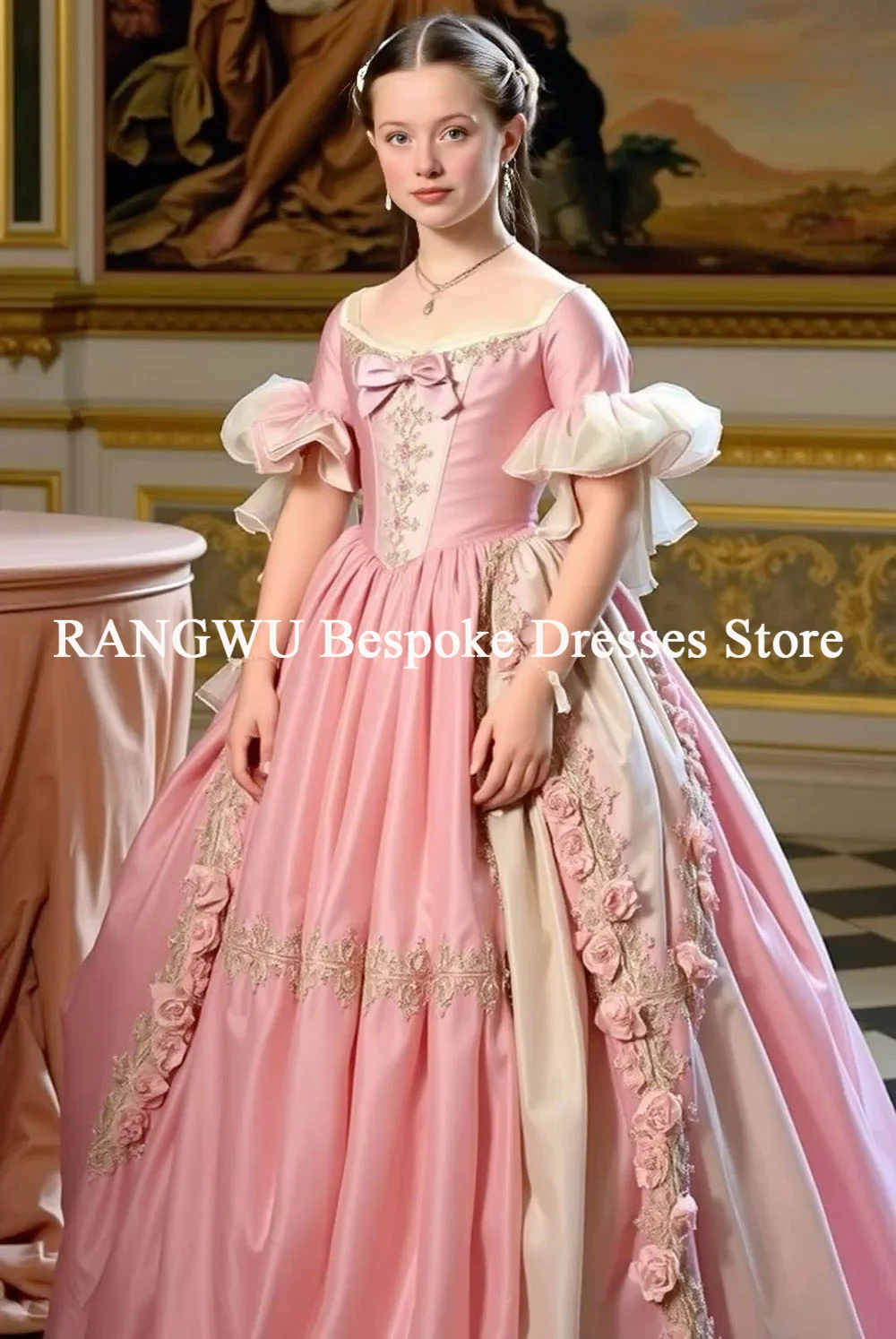 فستان حفلة موسيقية وردي على الطراز الفيكتوري على شكل حرف A من الزهور للأطفال ملابس رسمية فستان رسمي للمناولة الأولى حسب الطلب