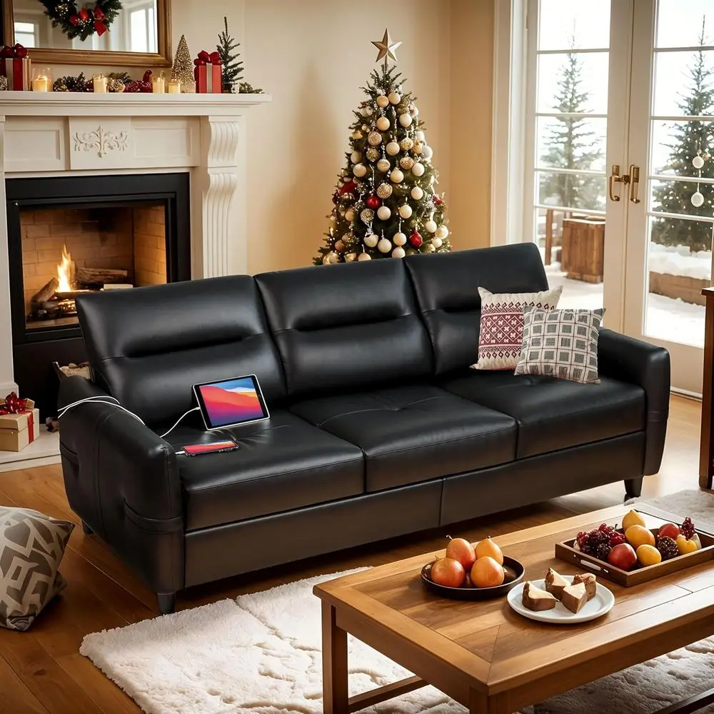 

Black 3-Seater Modern Leather Sofa with USB Port for Living Room