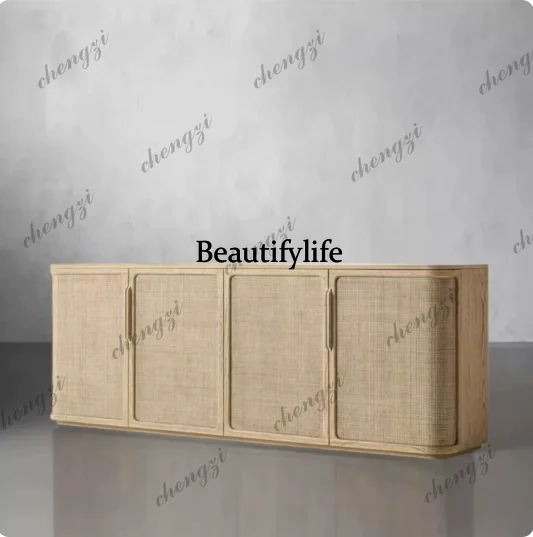 

American solid wood rattan dining side cabinet, French retro living room bedroom oak storage TV storage rattan cabinet