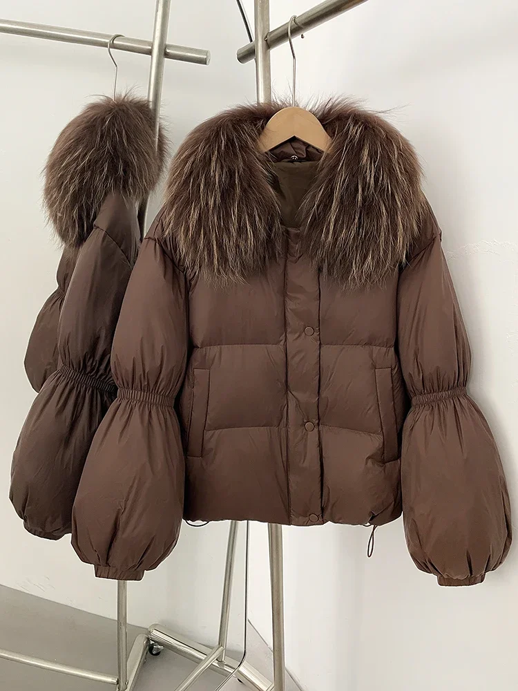 

Women Lantern Sleeves Natural Fur Collar Down Coat Real Fox Fur Fluffy Puffer Jacket Female New Winter Loose Top Clothes