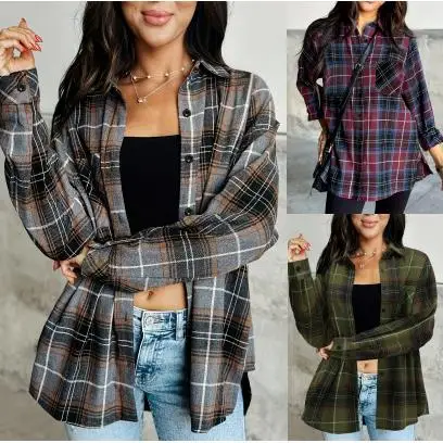 

Women's Slimming Woolen Plaid Shirt Long Top Vintage Style Regular Sleeve Formal Wear Resistant to Deformation Winter Collection