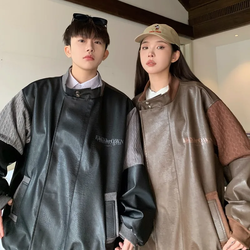 Couple Faux Leather Spliced Jacket Stand Collar Letter Print Knit Sleeve Loose Oversized Streetwear Unisex Outer Coat
