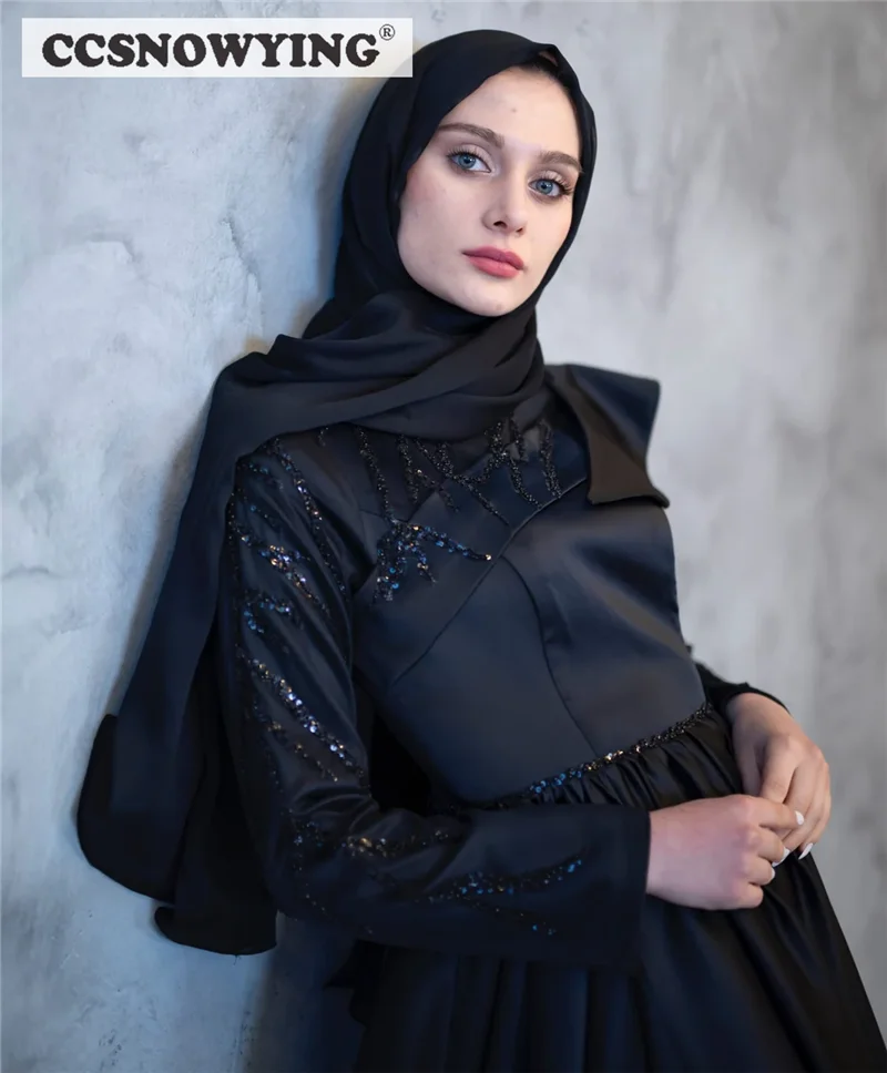 Vestido De noche musulmán De manga larga, Hijab islámico, vestido Formal De fiesta con cuentas De plumas De Arabia Saudita