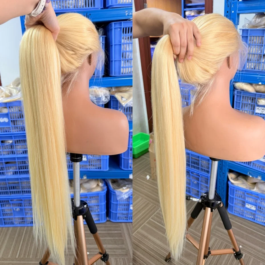 Peluca frontal de encaje 360 de cabello humano pre-arrancado, rubio miel 613, peluca frontal de encaje lisa con cola de caballo, pelucas brasileñas de encaje para mujer