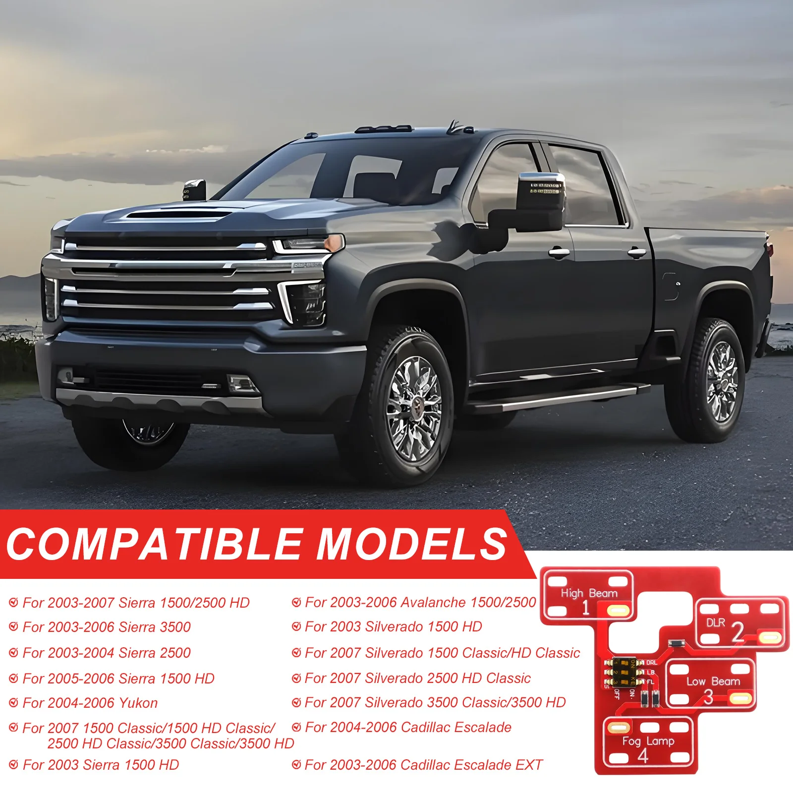 

Customizable Lighting Combination 6/8 Light High Beam Modes DRL Fog Lights Stay On for Chevy Sierra 1500/2500/3500 Classic 2003-