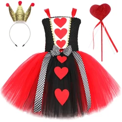 Disney Red Queen of Hearts Costumes Girls Alice in Wonderland Fancy Dress Kids Carnival Halloween Outfit with Crown Magic Stick