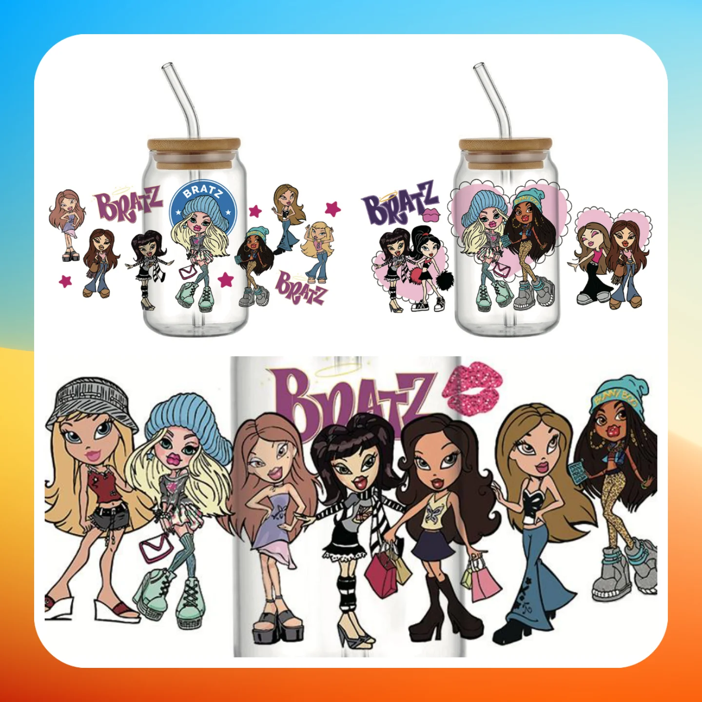 

Дизайнерская наклейка Kawaii Bratz мультфильм аниме милая 16 унций Libbey UV DTF чашка обертка DIY кружка моющаяся 3D переводная наклейка