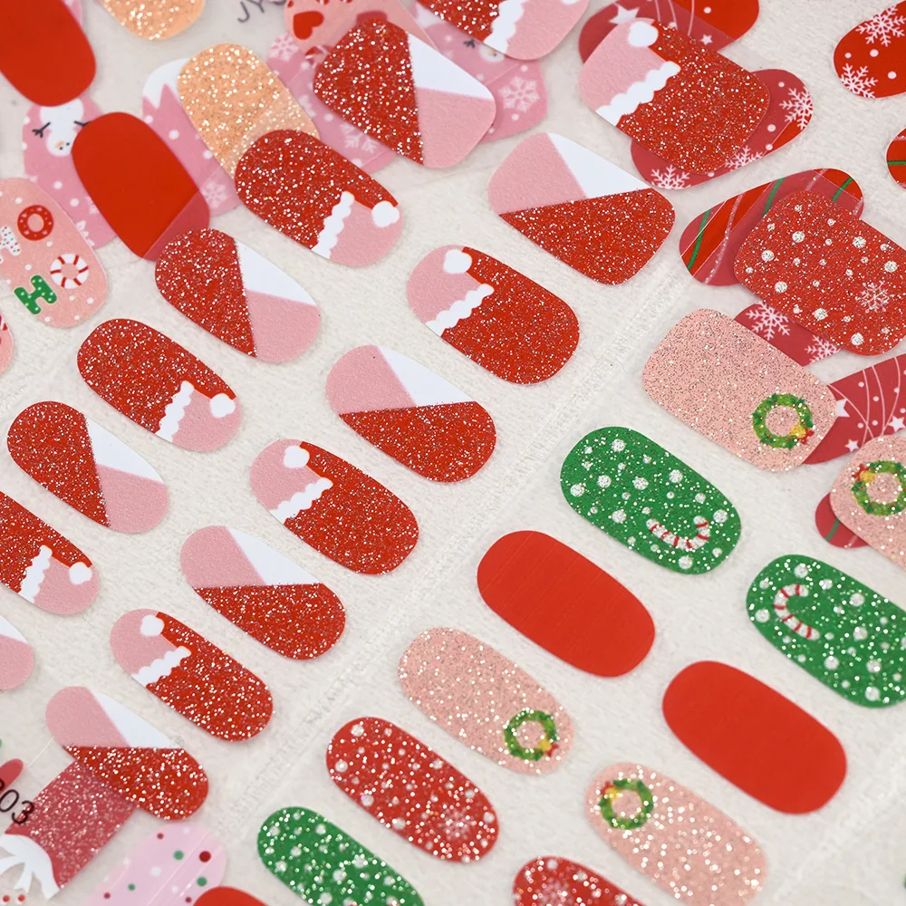 16Tips Christmas Valentine's Nail Art Stickers Waterproof Glitter Red Full Cover Adhesive Nail Polish Decal New Year Nail Decora