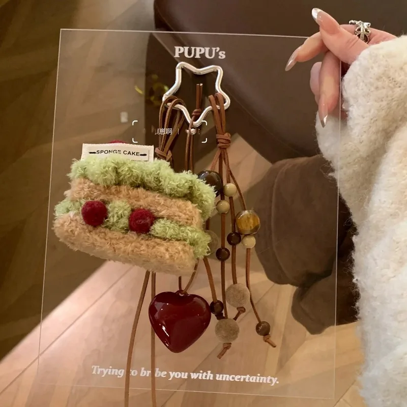 Handmade Vintage Sweet Cake Plush Phone Lanyard Leather Cord Amber Bead Bag Charm Cute Accessory for Phone Daily Gift Trendy