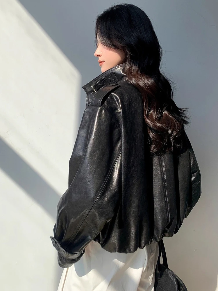 Vintage Short Genuine Leather Motorcycle Jacket Women Spring Autumn High-end Simple Stand Collar Soft Oil Wax Real Goatskin Coat