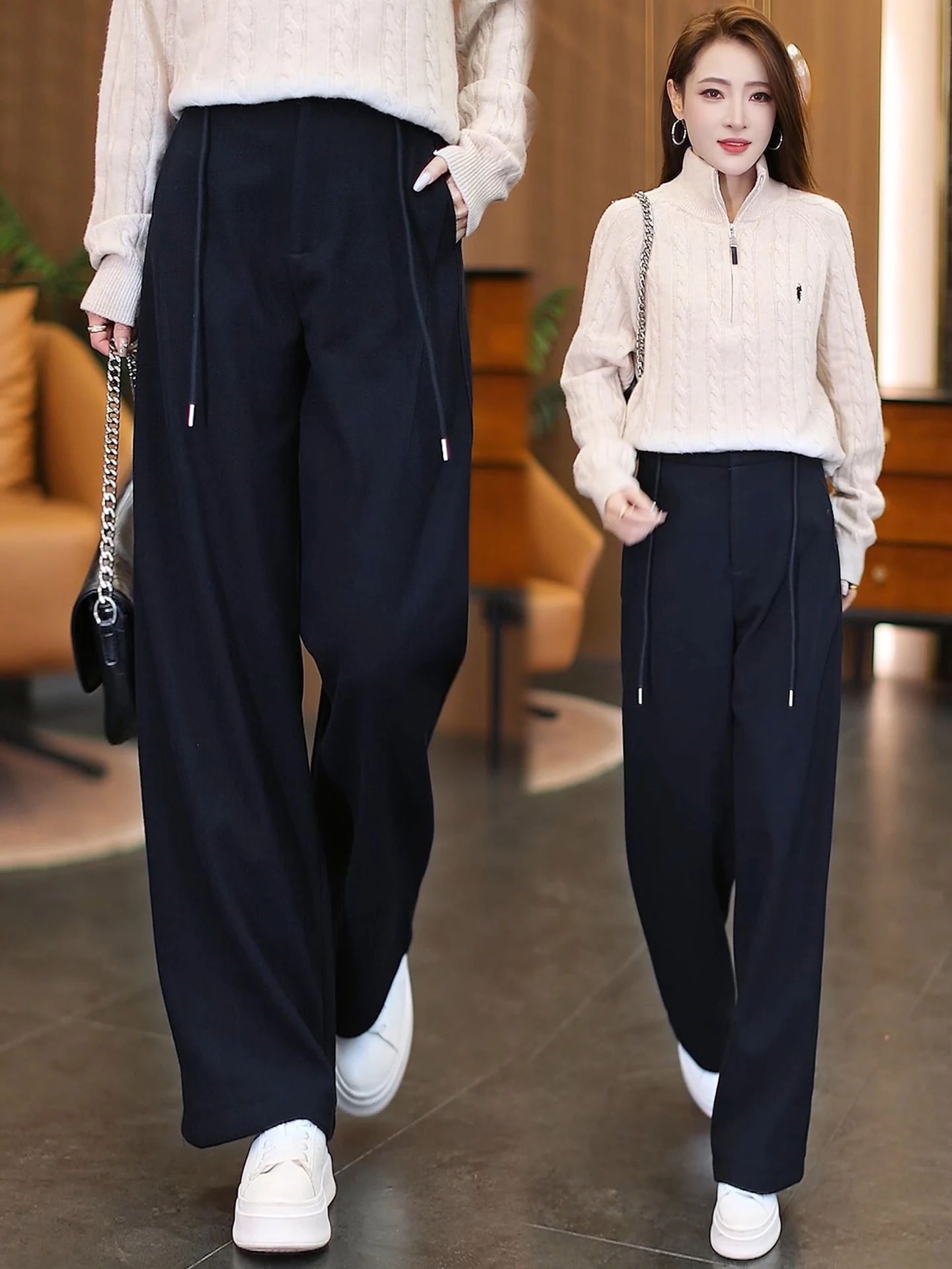 

Шерстяные брюки с высокой талией и флисовой подкладкой, широкие, женские, повседневные, свободные, с эффектом драпировки, комфортные зимние брюки