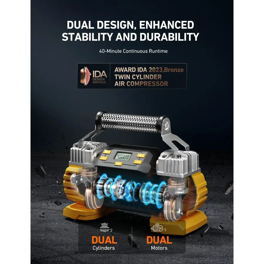 مضخة نفخ الإطارات المحمولة 160 رطل لكل بوصة مربعة تيار مستمر، إيقاف تلقائي مع شاشة، أسطوانات مزدوجة أمبير محركات مزدوجة، ضاغط هواء 12 فولت f #3