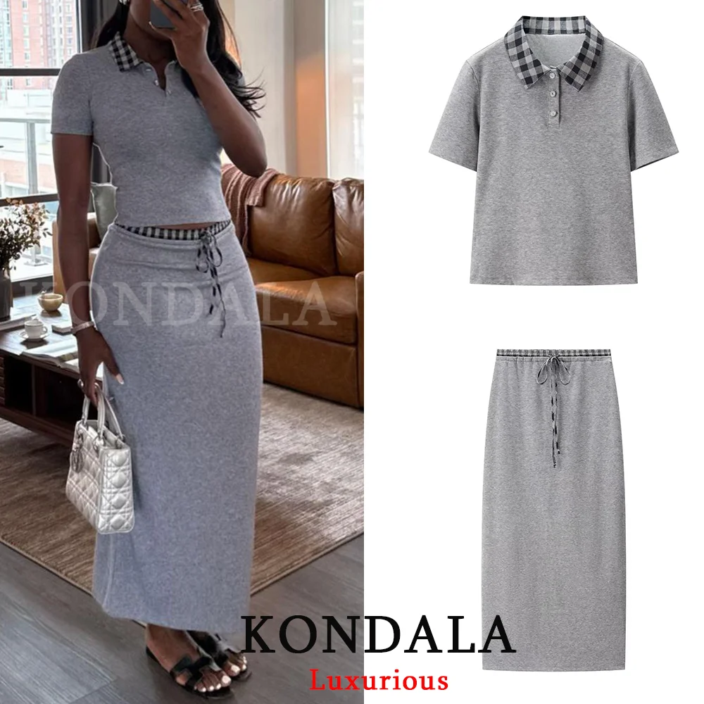 KONDALA Casual Chic Grau Frauen Anzüge Plaid Kragen Polo T-shirts + Hohe Taille Elastische Mantel Lange Röcke Mode 2025, Y2K Mädchen Anzüge