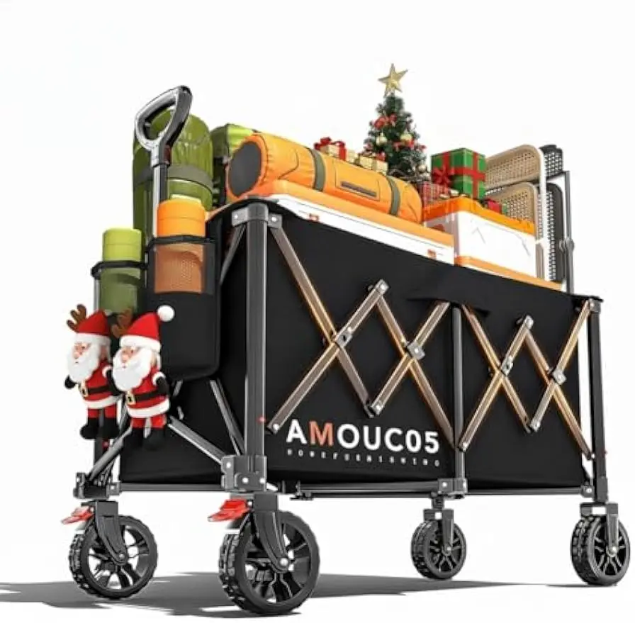Carro de vagón plegable con 360 ° Ruedas, frenos, capacidad de 350 libras para ir de compras, camping y uso al aire libre