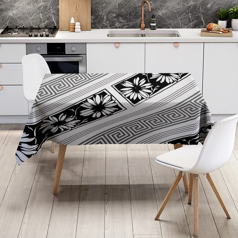 الحديثة الشمال طاولة طعام القماش أسود أبيض الأزهار تصميم هندسي ثلاثية الأبعاد مطبوعة مستطيلة البوليستر المطبخ ديكور Tablecl #6