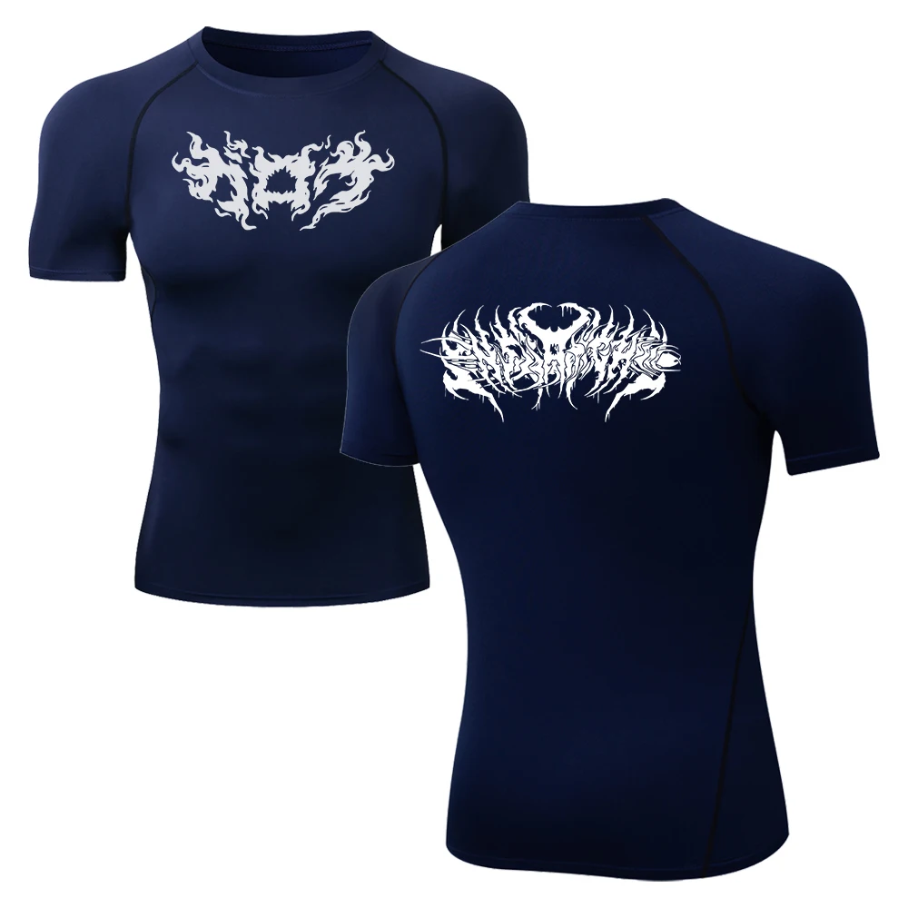 Summer Men's Compression Sports Training T-Shirt Quick Dry Gym Running Workout Short Sleeve Top Gothic Flame Thorn Letter Print view 5