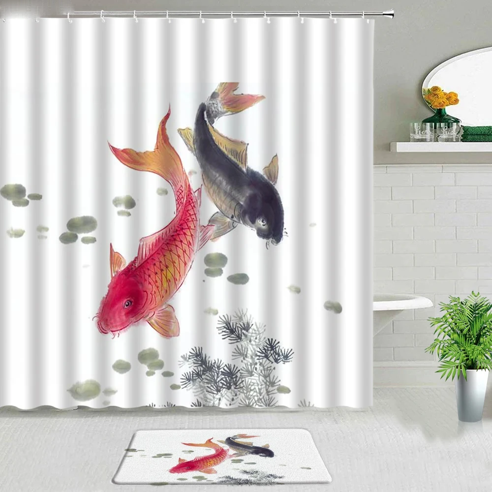 

Ink Painting Koi Fish Bath curtain Bath mat Bath Partition cloth Waterproof Shower curtain Home Decoration can be Washed