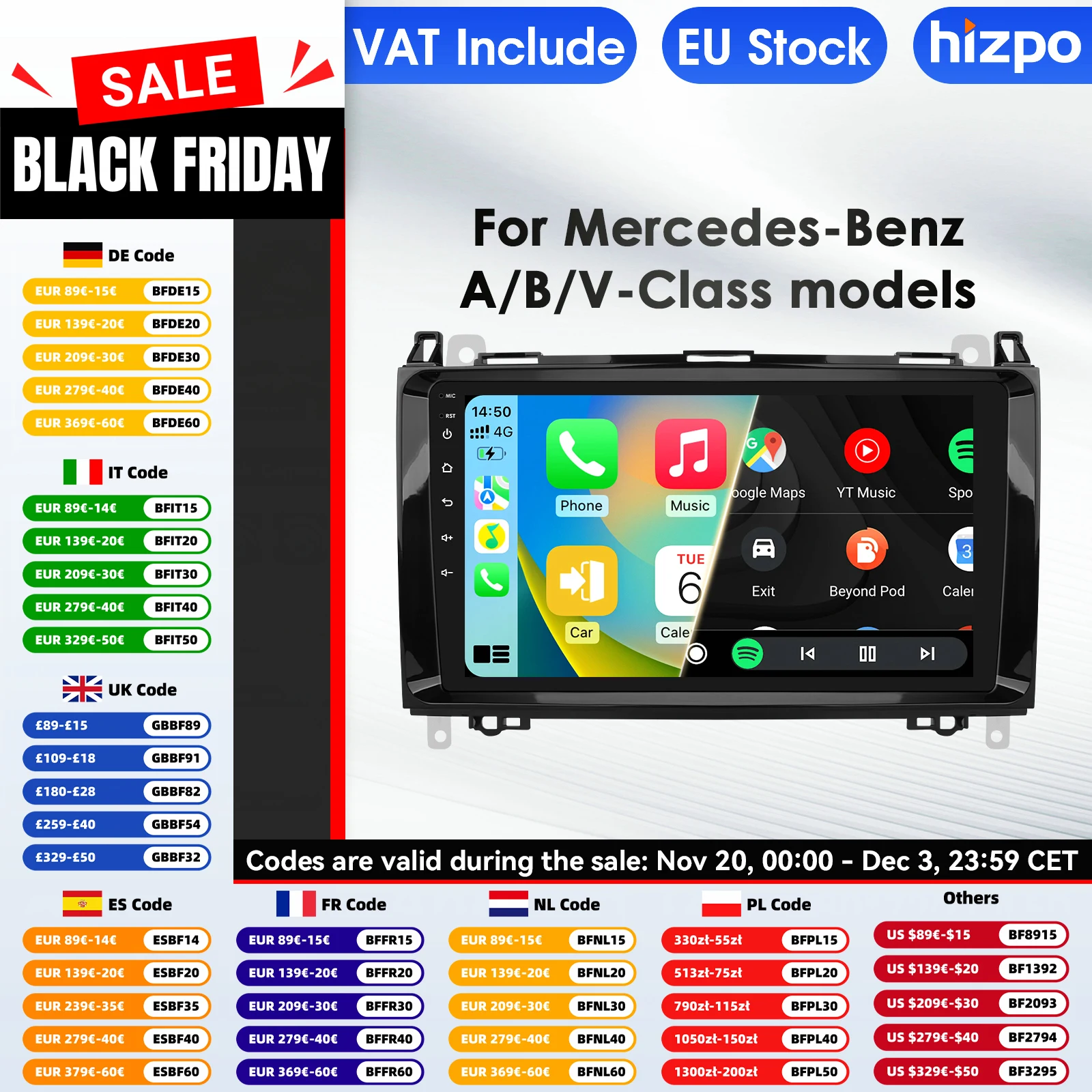 Hizpo 2Din Android 14 Auto-Multimediaplayer für Mercedes Benz B200 Sprinter W906 W639 AB Klasse W169 W245 Viano Vito GPS Carplay 9 Zoll Intelligenter Bildschirm QLED-Display Automotive Head Unit