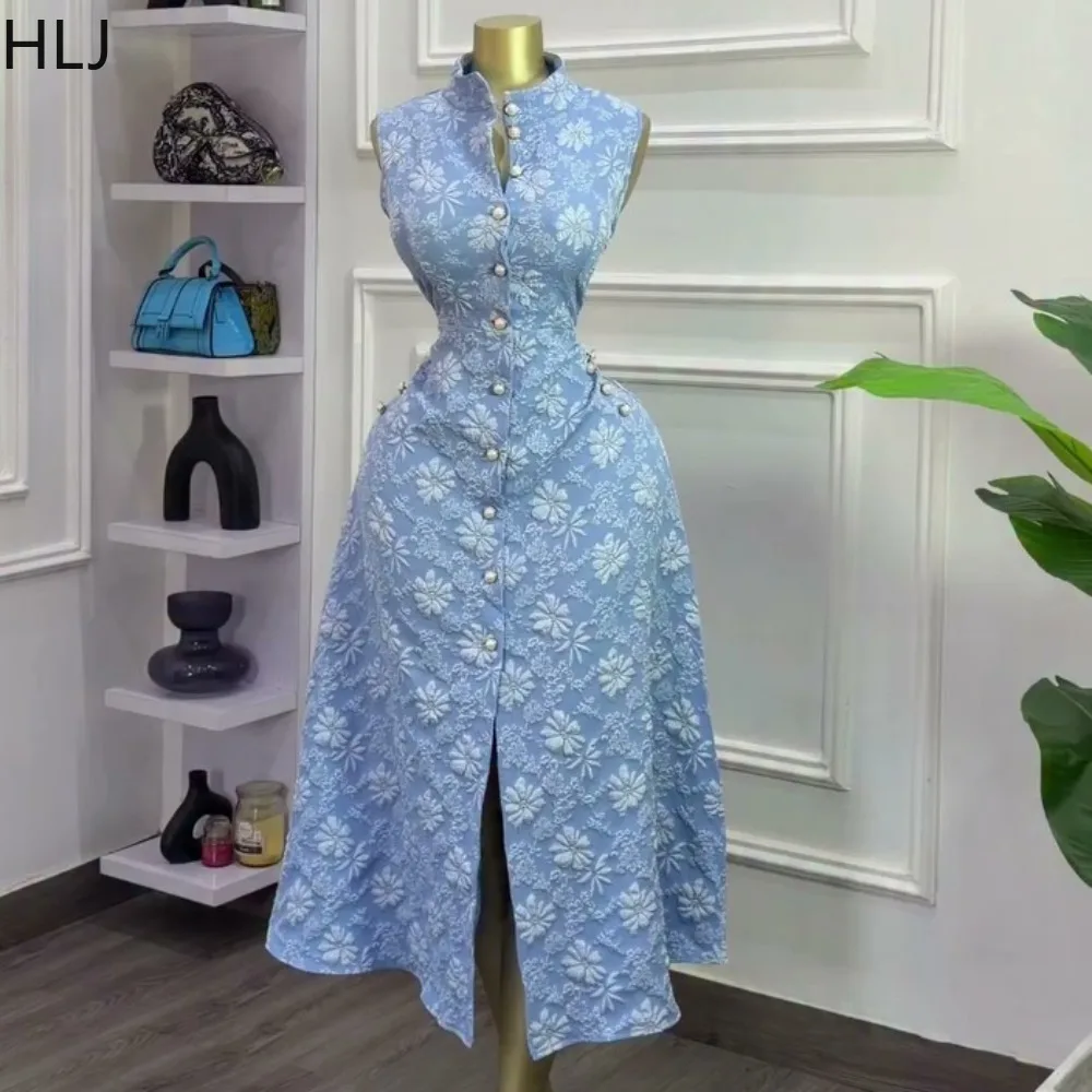 HLJ Vintage Women Floral Jacquard Midi Dresses Stand Collar Sleeveless A-Line Bodycon Dress Elegant Party Clubwear Vestidos 2026