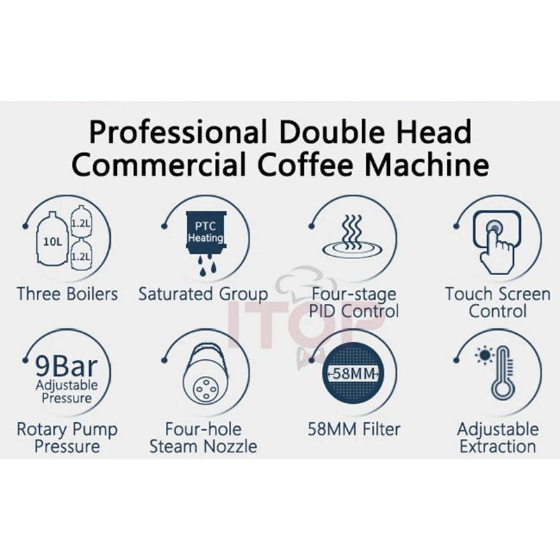 ITOP Espresso Machine Italian Semi-automatic Double-head Coffee Maker with Rotary Pumps Pure Copper Boilers Commercial Machines