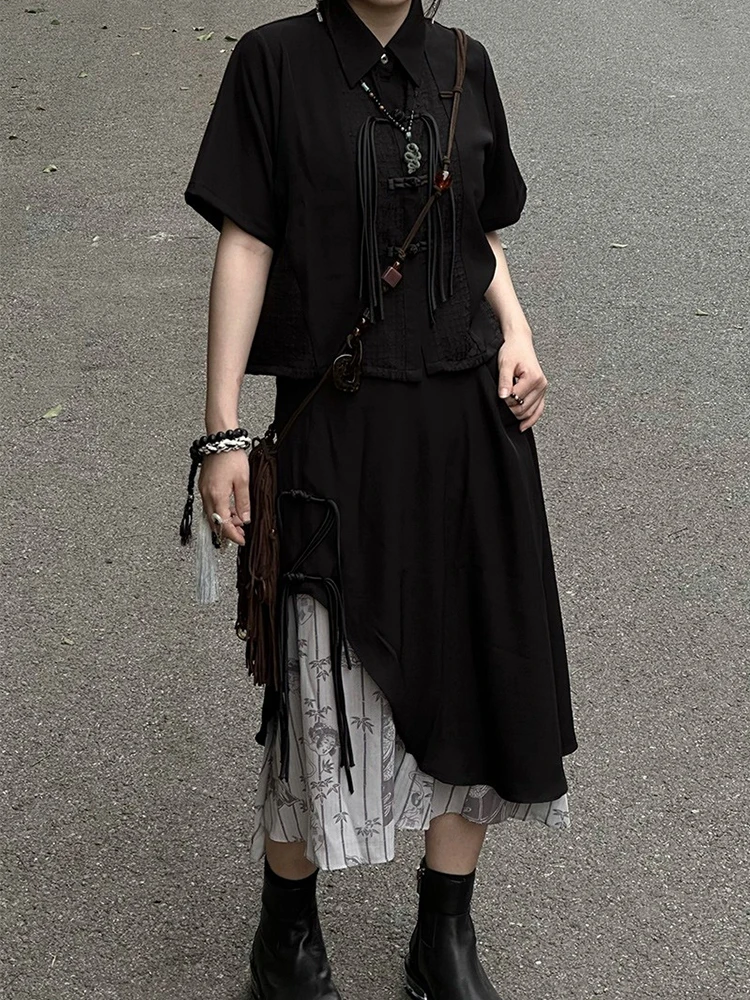 New Chinese Style National Style Han Elements Black Suit Tassels T-shirt Shirt Skirt High Waist Printing Long Skirt A-line Skirt