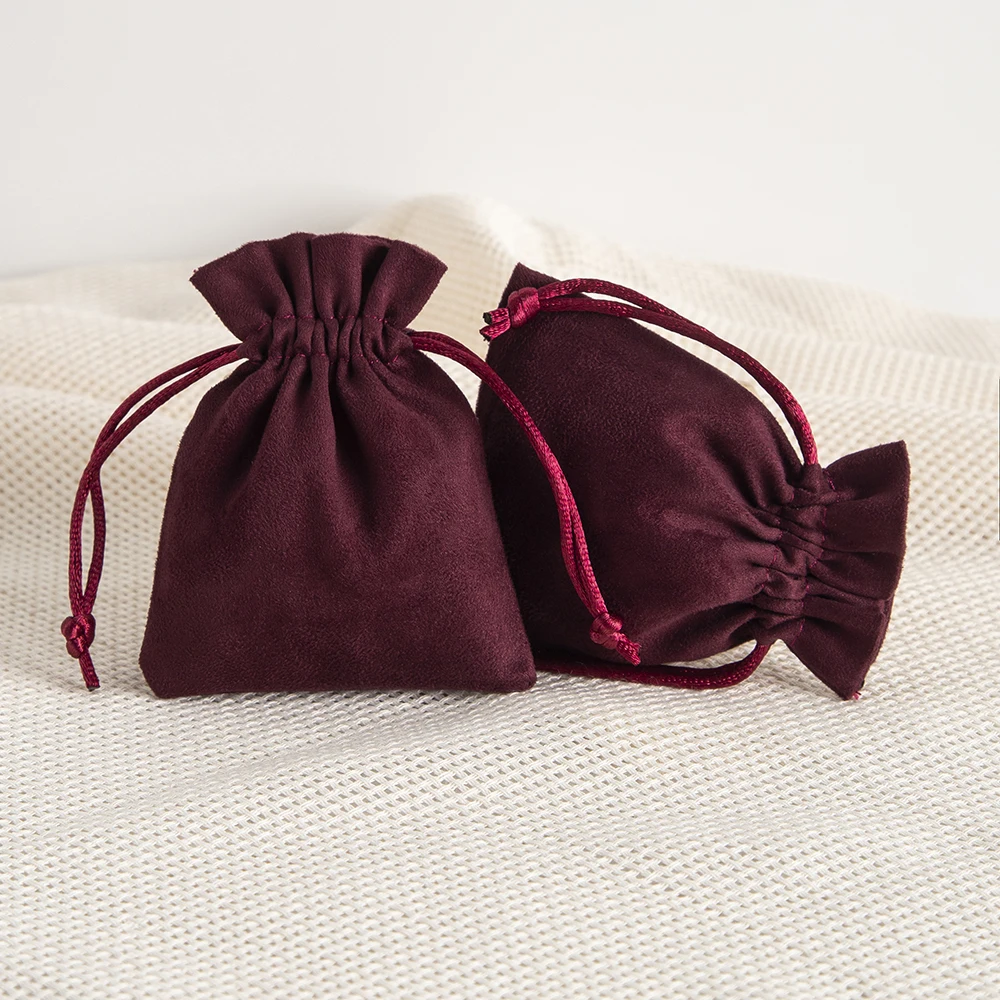 

5Pcs Burgundy Flannel Jewelry Bag Ring Necklace Earrings Bracelet Travel Organizer Girls Women Men Gift Drawstring Packaging