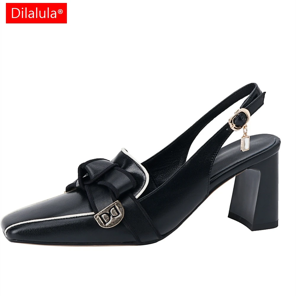 Dilalula 2024 French Style Genuine Leather Sandals Women Covered Toe Butterfly Knot Party Dating Sandals Office Ladies Pumps