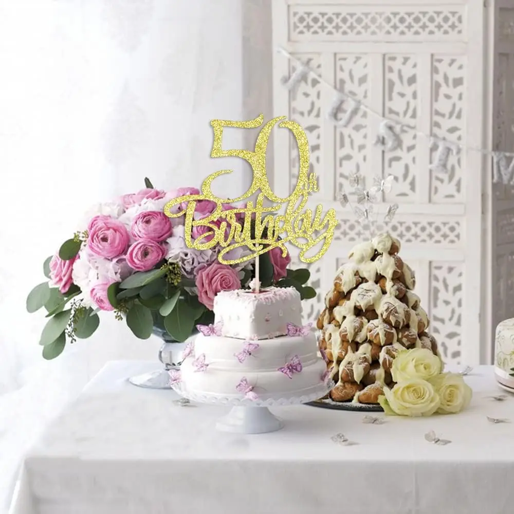 Gold happy 50th birthday cake topper,Hello 50, Cheers to 50 Years,50 & Fabulous Party Decoration(50)