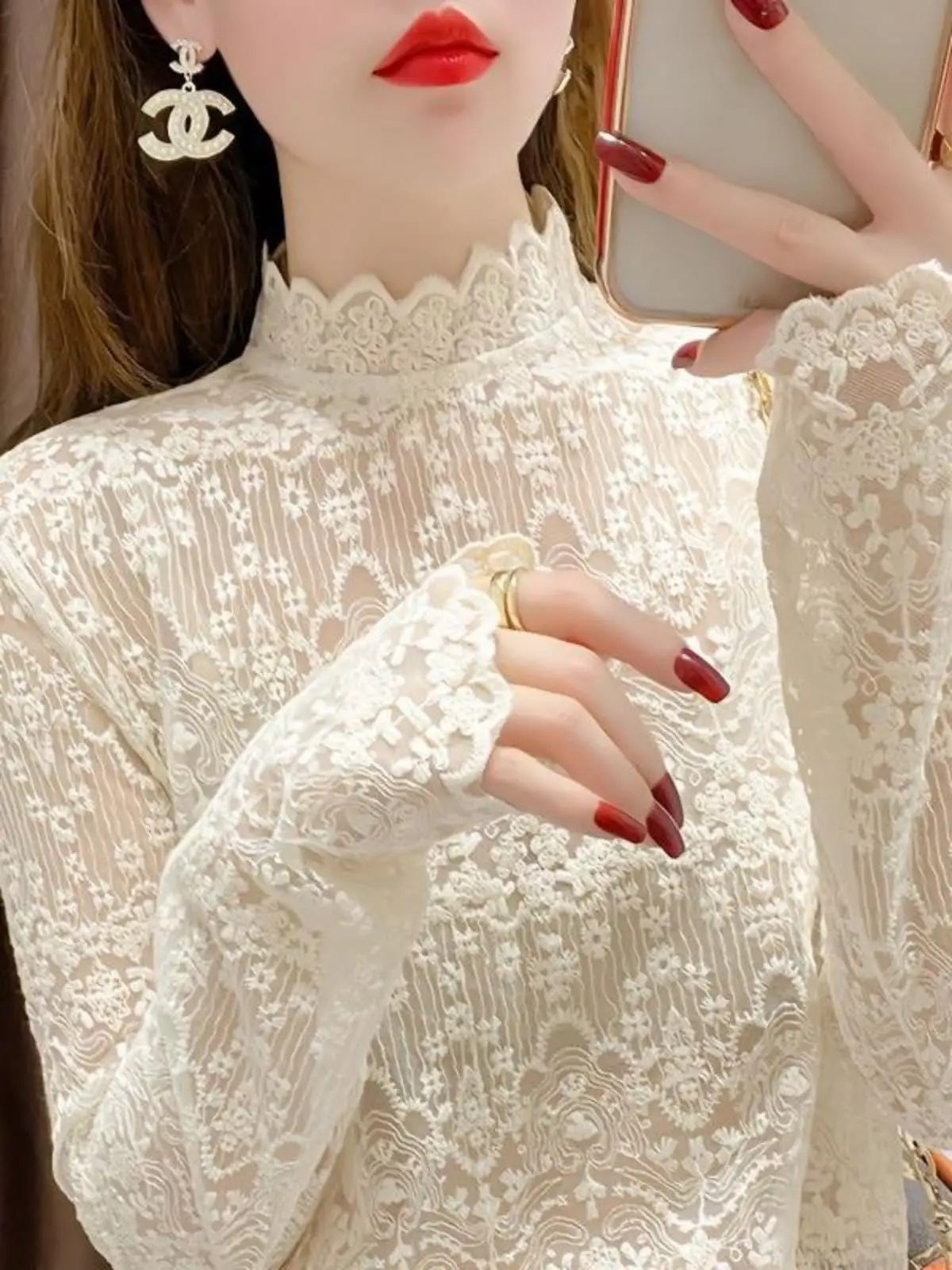 

Women's Fleece Lined Lace Shirt Long Sleeve Base Layer Fairy Half High Collar Inner Wear Non Parka Coat Short Length Neck