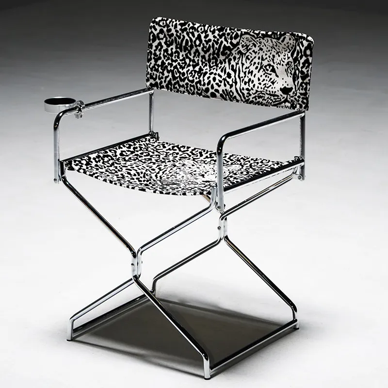 

Retro light luxury leopard print folding chair Small apartment folding dining table and chairs do not take up space Outdoor