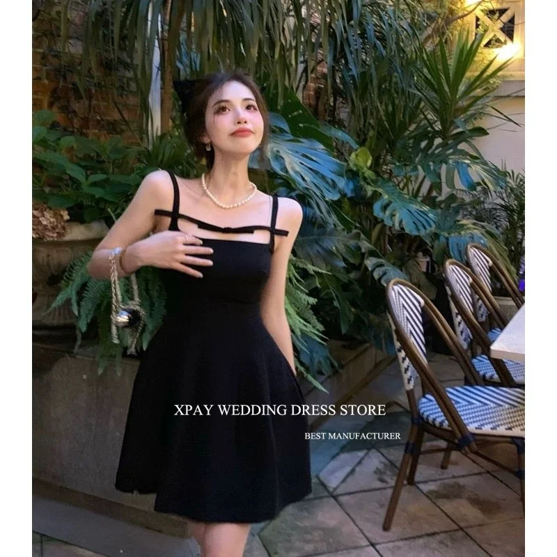 XPAY-Mini Vestido corto de fiesta de cóctel negro, vestido coreano con tirantes finos, falda suave mate para eventos nocturnos, sesión de fotos de verano, lindo y encantador