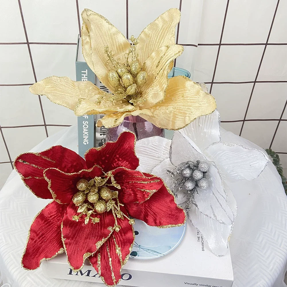 33cm Christmas Decoration Flowers Xmas Tree Pendant Artificial Flower Noel Natal Merry Christmas Decor Poinsettia Happy New Year
