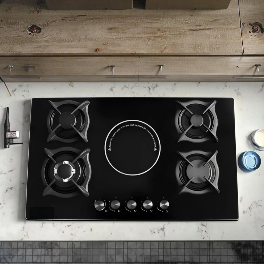 Built-in Dual Fuel Stove - Tempered Glass Panel Gas & Electric Cooktop for Home & Restaurant Kitchens