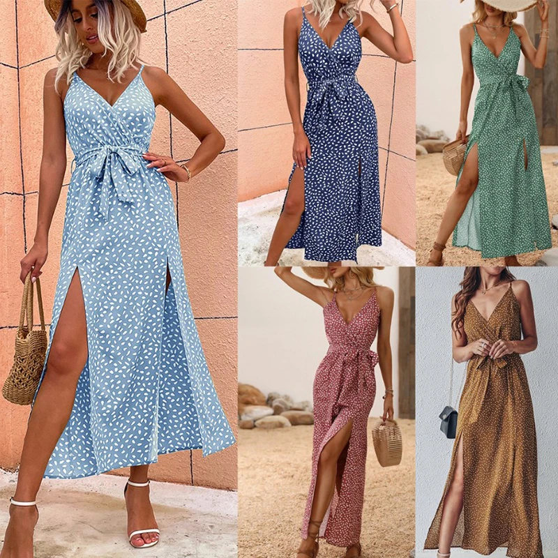 

2024 New Summer Floral Print Women Bandage Slit Long Dress Sexy Beach Sundresses Casual Blackless Elegant VNeck Sleeveless Dress