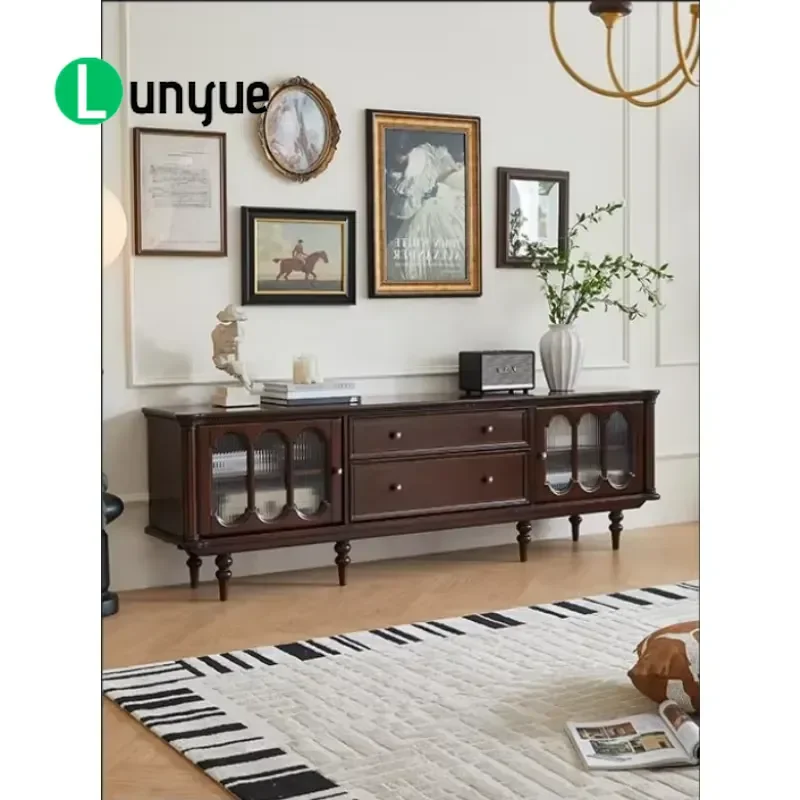 Vintage French Solid Wood TV Cabinet Black Walnut Finish With Drawer Storage Versatile Media Console For Living Room Bedroom