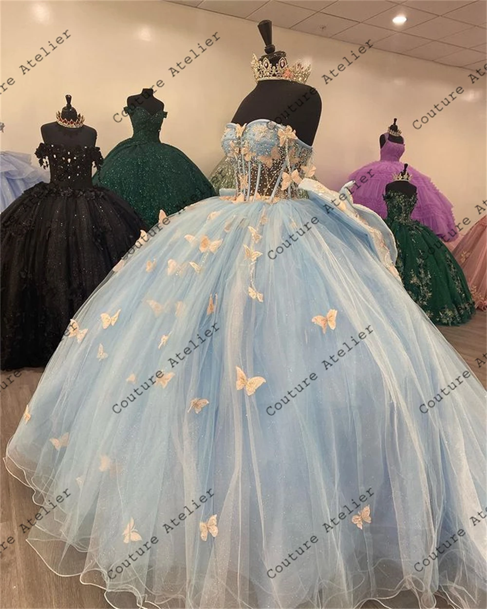 Butterflies Bow Light Blue Tulle Quinceanera Dresses Sweetheart Ball Gown Sweet Sixteen Dress Wedding Gowns vestidos de 15 quin