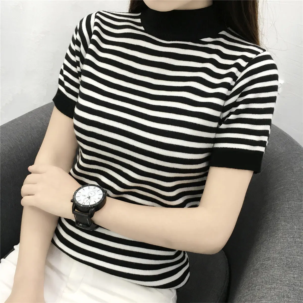 

Ice Silk New Short Sleeve Knitted T-Shirt Women's Korean Style Pullover Half High Collar Striped Base Shirt Top