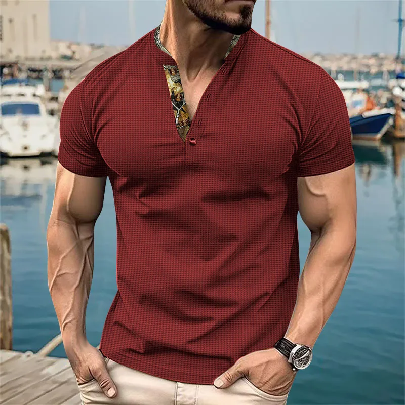 Summer men's short sleeved polo shirt daily casual high-quality waffle stand collar men's T-shirt European/American plus size