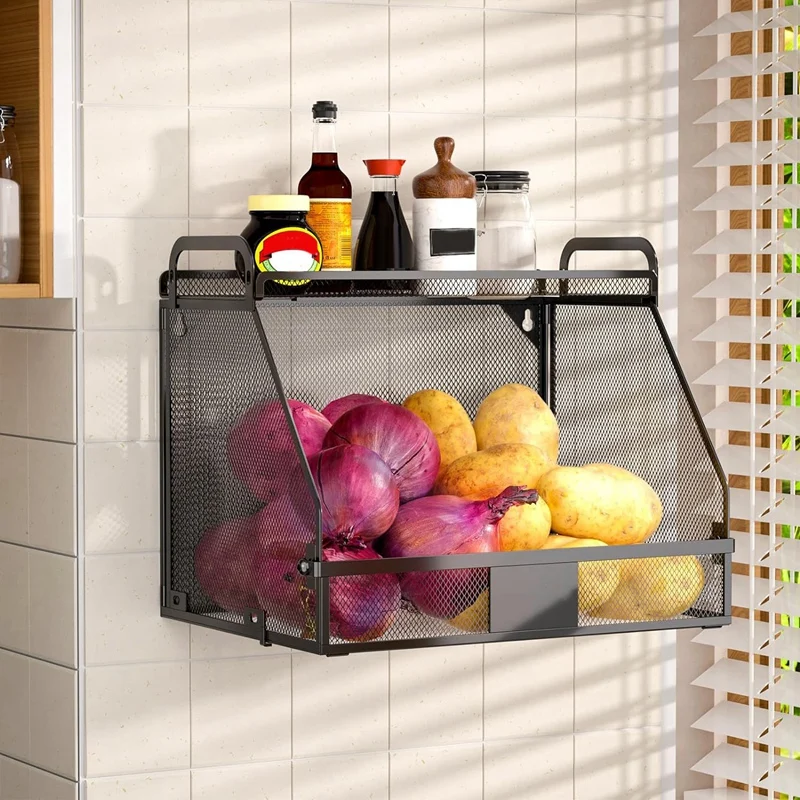 Fruit Basket Hanging Fruit Basket For Kitchen Kitchen Organizers Storage Potato Onion Storage Wall Storage Baskets Pantry Black