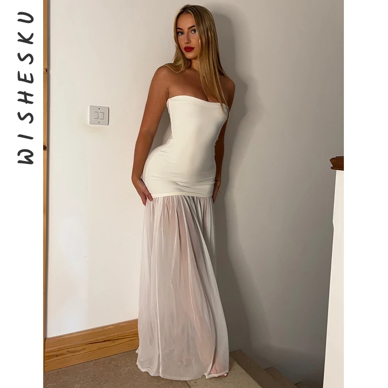 Sexy Strapless Off Shoulder Mesh Patchwork Maxi Dress Women Sleeveless Slim Fit Casual Sundress 2025 Summer Beach Lolita Clothes