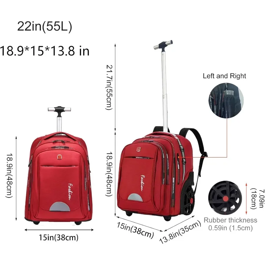 女性用ローリングバックパック 22インチ ホイール付きバックパック ビジネス、大学生、旅行通勤用 大型ホイール付きバックパック