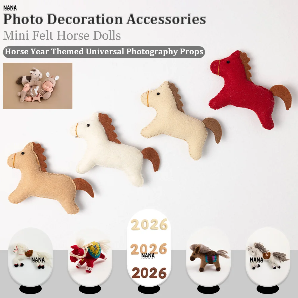 

2026 Year Theme Newborn Photography Props Handmade Felt Horse Figurines Cute Animal Props Felt Number Props for Photo Studio Use