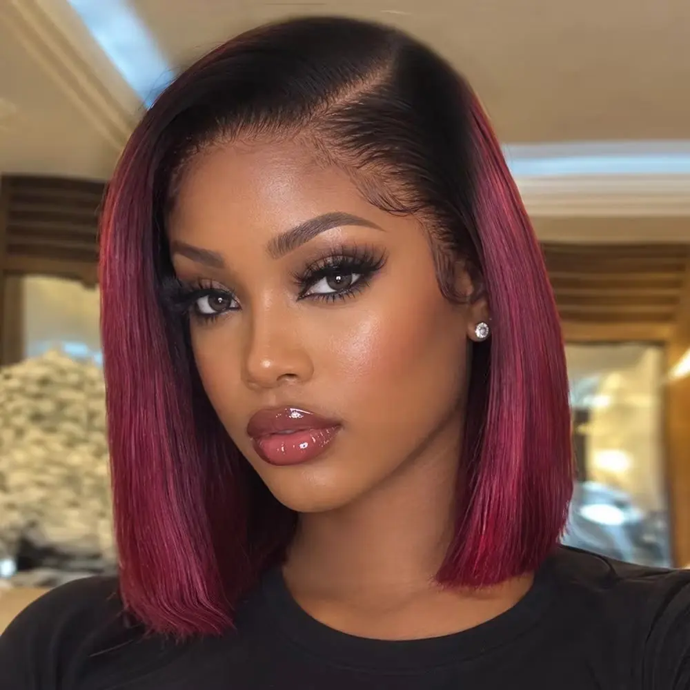 100% Human Hair 1B/99J Burgundy Short Bob Glueless Wigs Human Hair 13x4 Lace Frontal Human Hair Wig Ombre Red Bob Wigs For Women